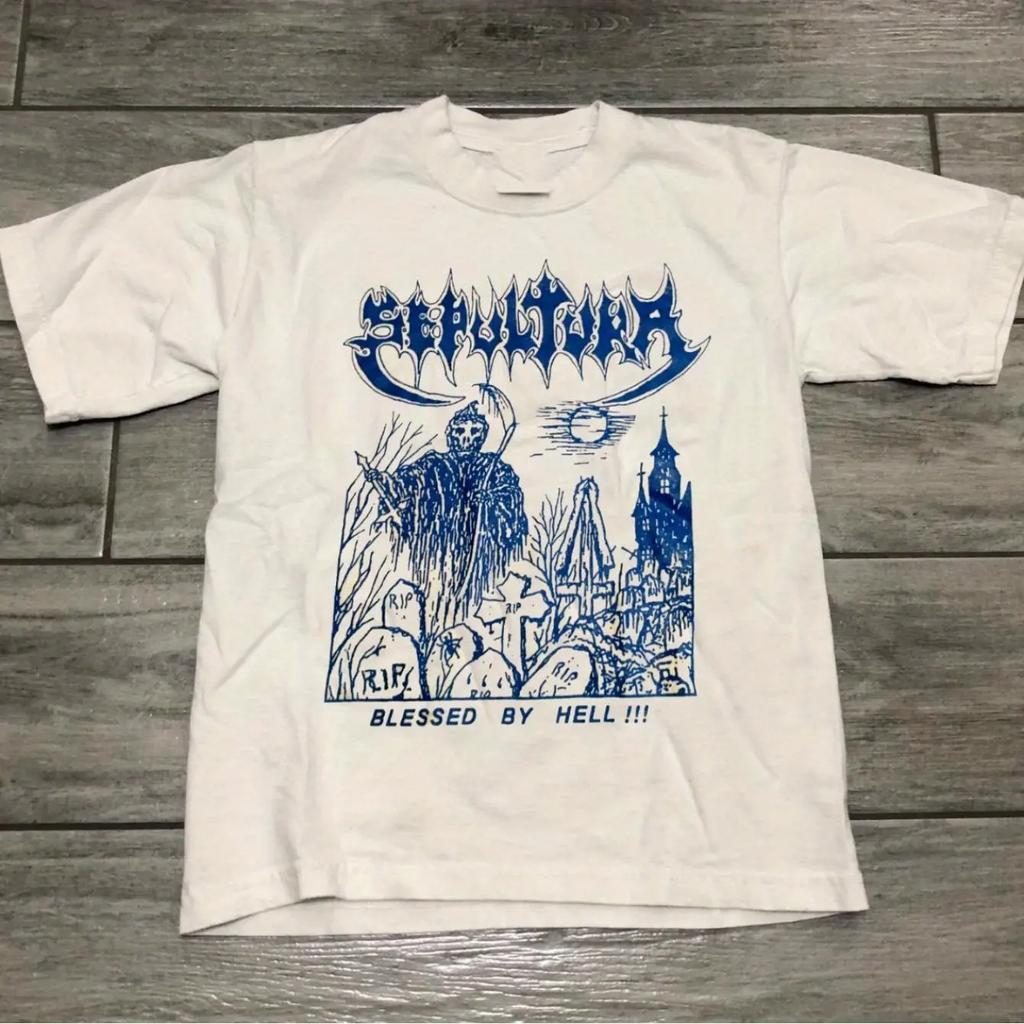 Sepultura Blessed By Hell Men's Graphic T-Shirt White Short Sleeve Edgy Band Design with Bold Blue Print All Sizes