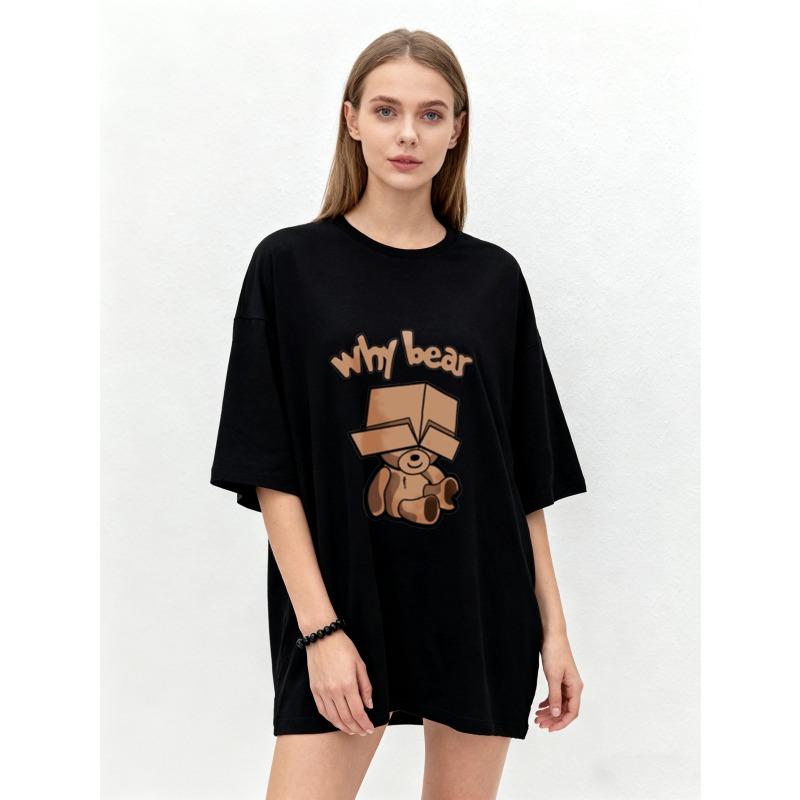

Oversized T-Shirt Black Why Bear Cartoon Teddy Bear With Box Print Casual Streetwear Summer Top Women Fashion Trendy Graphic Tee XXXXL чёрный