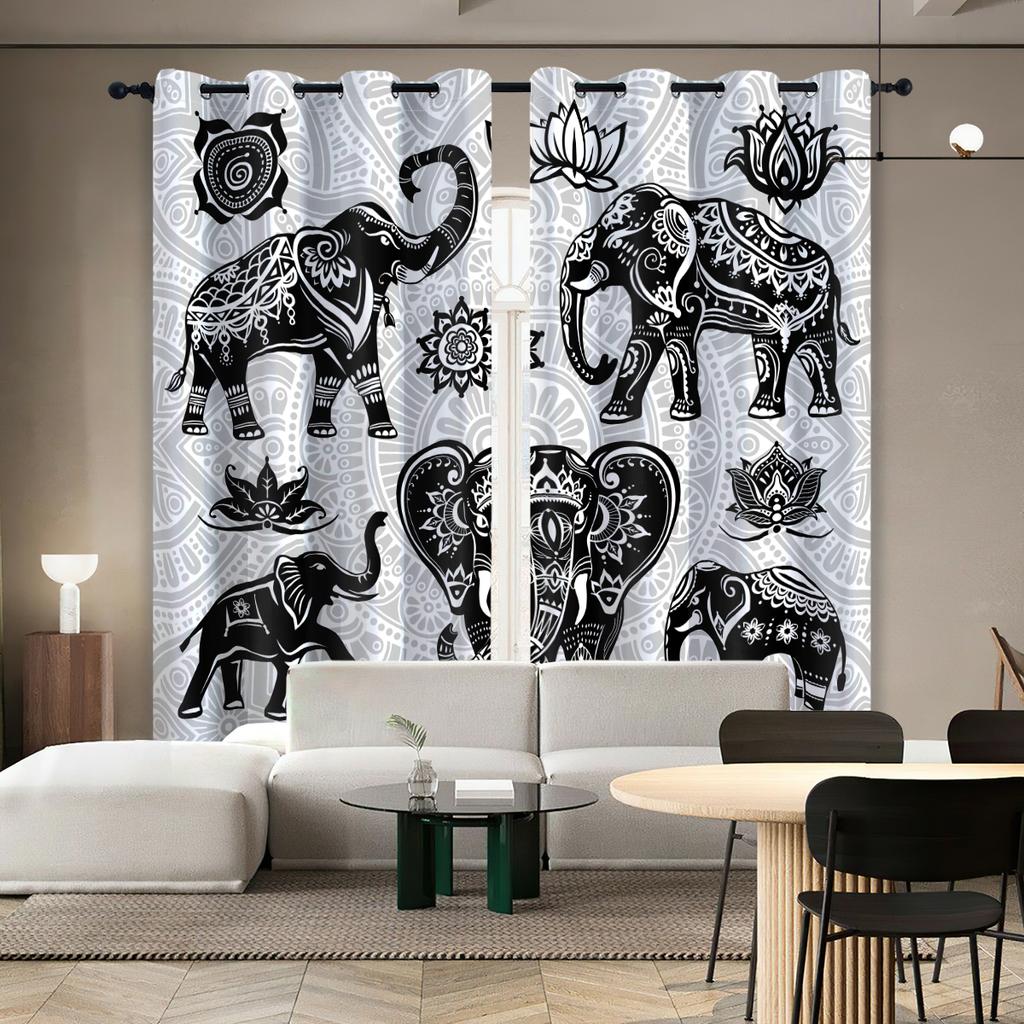 2 Stück Vorhänge im böhmischen Stil mit Tier-Elefantenmusterdruck, zur Dekoration von Schlafzimmern und Wohnzimmern