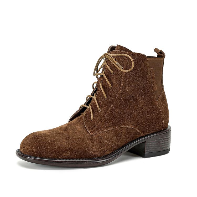 

Fashion NEW Autumn Women Boots Cow Suede Leather Shoes for Women Round Toe Chunky Heel Shoes Casual Lace-up Zip Short Boots Daily Shoes 34