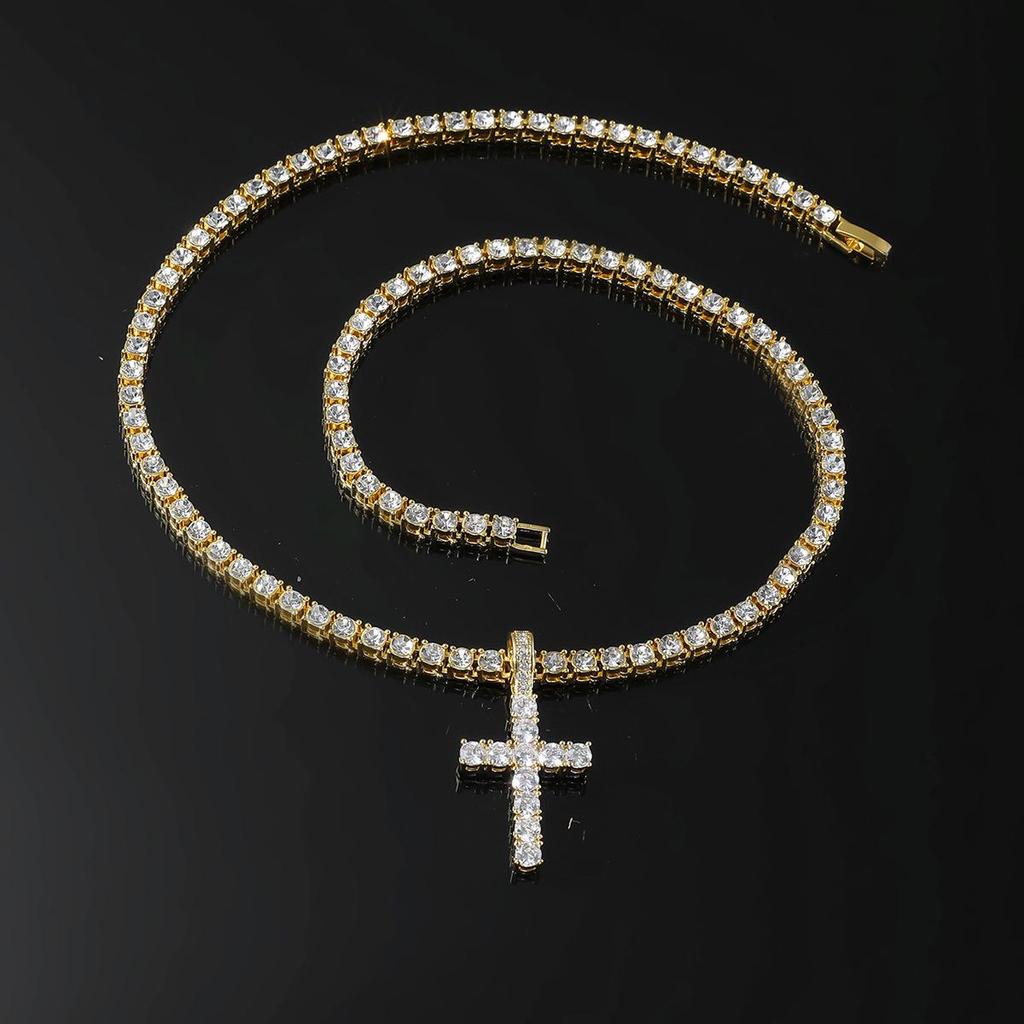 European & American Zirconia Cross Pendant Necklace with 4mm Diamond Tennis Chain - High-End Niche Design