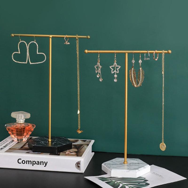 Marbled T-Shape Jewelry Rack Metal Necklace Holder Jewelry Tree Bracelet Display Stand Organizer with Hex Base
