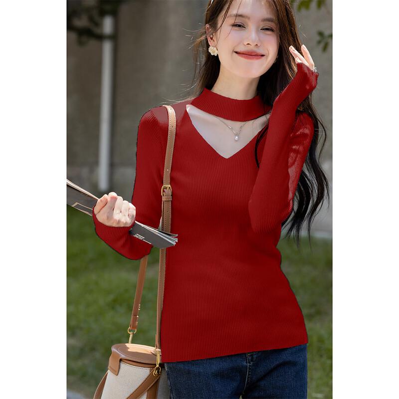 MOKANA Women's Hollow-Out V-Neck Long Sleeve Knit Sweater