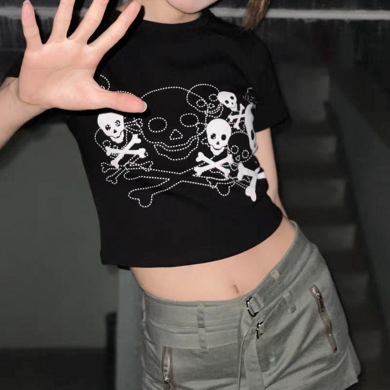 Vintage Crop Top Women Aesthetic 2000s T-Shirt Goth Tee Ladies Y2k Grunge Clothes Skull Pattern Tshirt