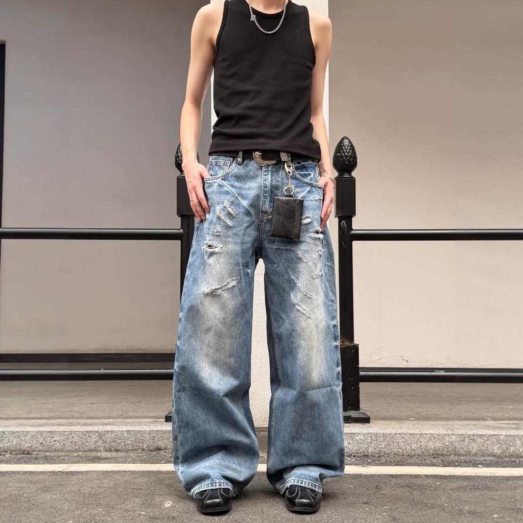 American Trendy Brand Washed Blue Old Cat Whisker Niche Design Ripped Loose Straight Jeans Casual Versatile Trousers