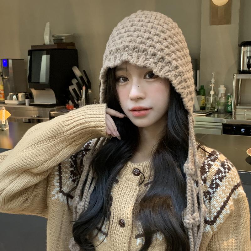 Autumn and Winter Women's Big Head Circumference Bag Hat Shows a Small Face, Thickened Ear Protection Warm Hat, Hand-woven Fringed Knitted Hat