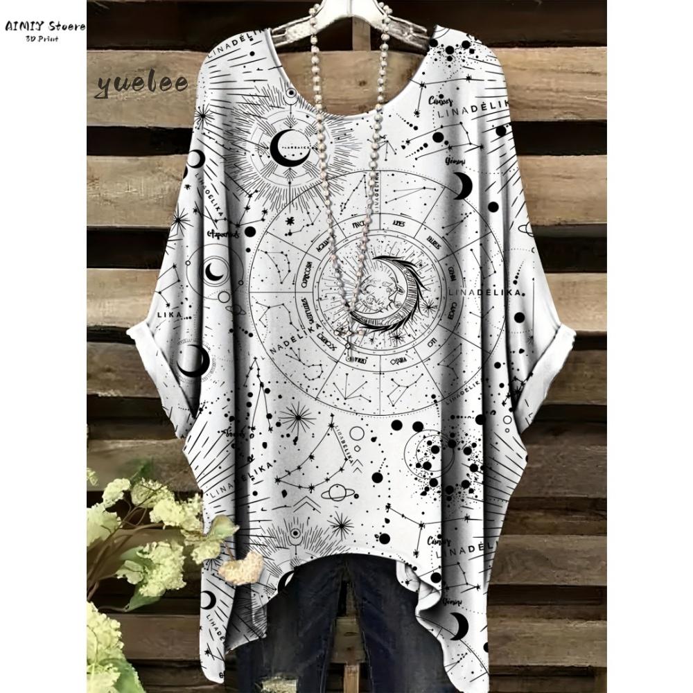 

Women s Elegant Bohemian Starry Night Print T-Shirt White All-Over Dots Asymmetrical Hem O-Neck Casual Fashion Women Y2k Clothes 5XL