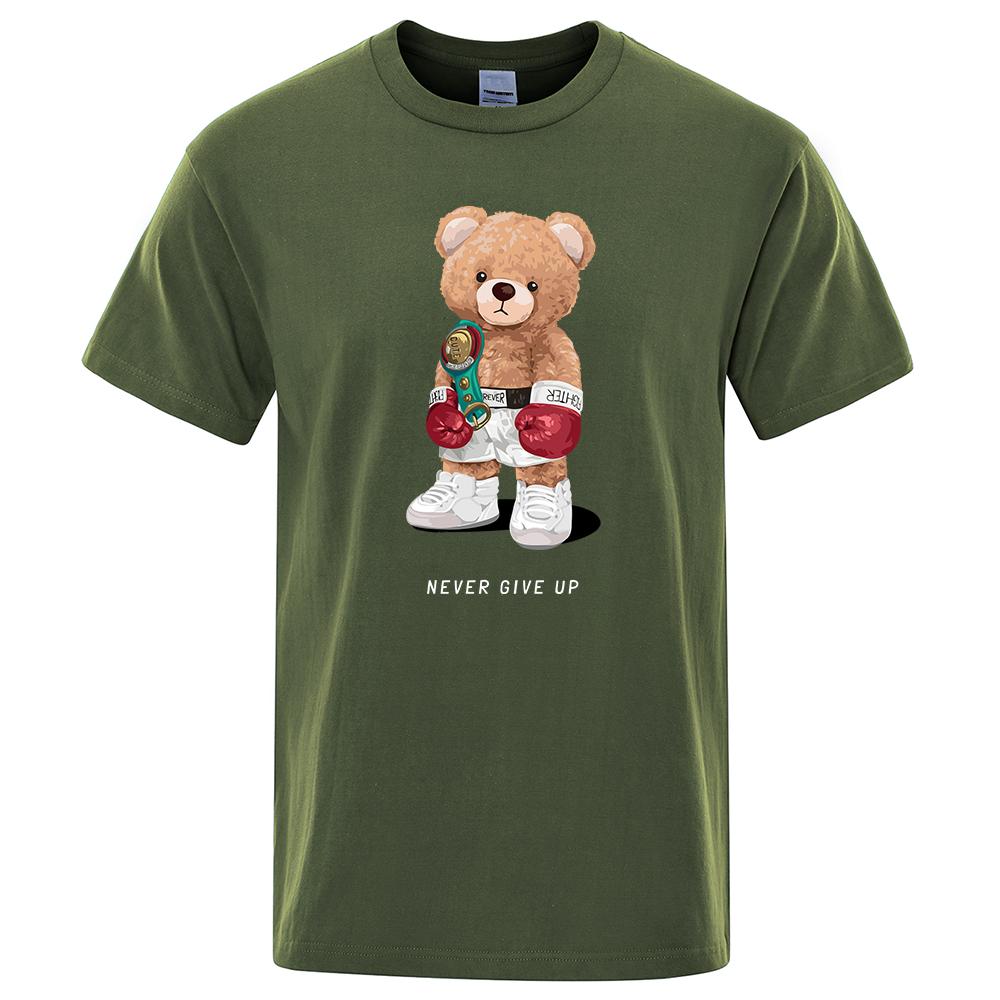 Strong Boxer Ted Bear Never Give Up Print Funny T-Shirt Men Cotton Casual Short Sleeves Loose Oversize Tee Clothing