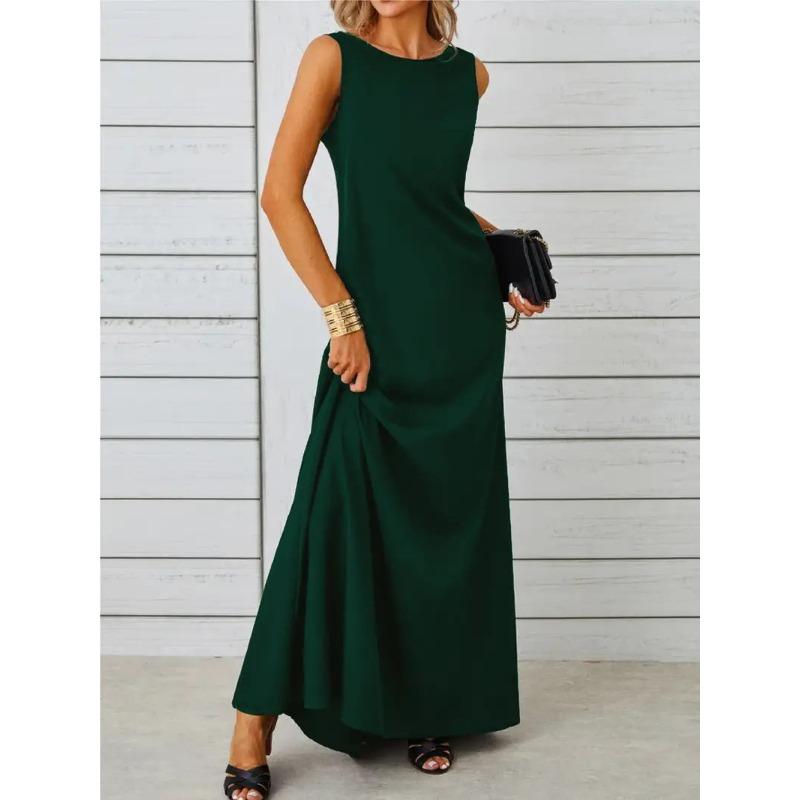 

Spring and Summer Elegant and Pure-colored Round-neck Short-sleeved Resort-style Women s Dresses XXL темно-зелений колір