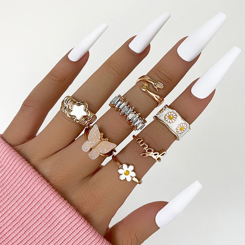 Bohemia Geometric Colorful Enamel Kunckle Ring Set For Women Butterfly Heart Sign Finger Ring Female Daily Jewelry