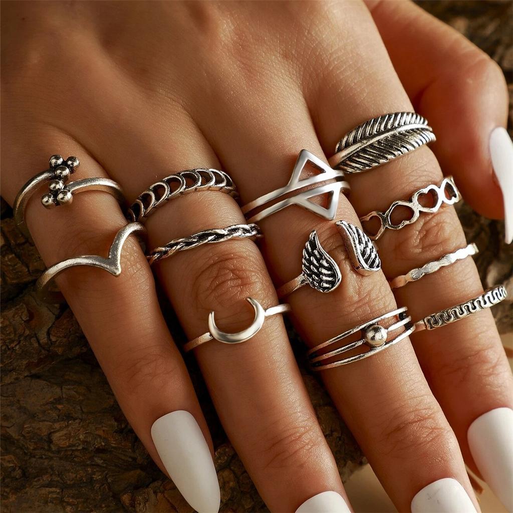 Vintage V-shaped Wing Joint Ring, Moon Love Leaf 12-piece Ring Set
