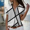 2025 Summer New Fashion Women's Geometry Printed Short Sleeve V-neck Casual Button-down Shirt Top