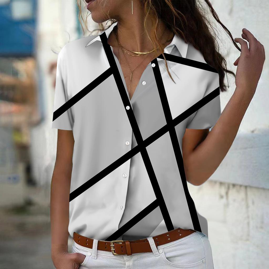 2025 Summer New Fashion Women's Geometry Printed Short Sleeve V-neck Casual Button-down Shirt Top