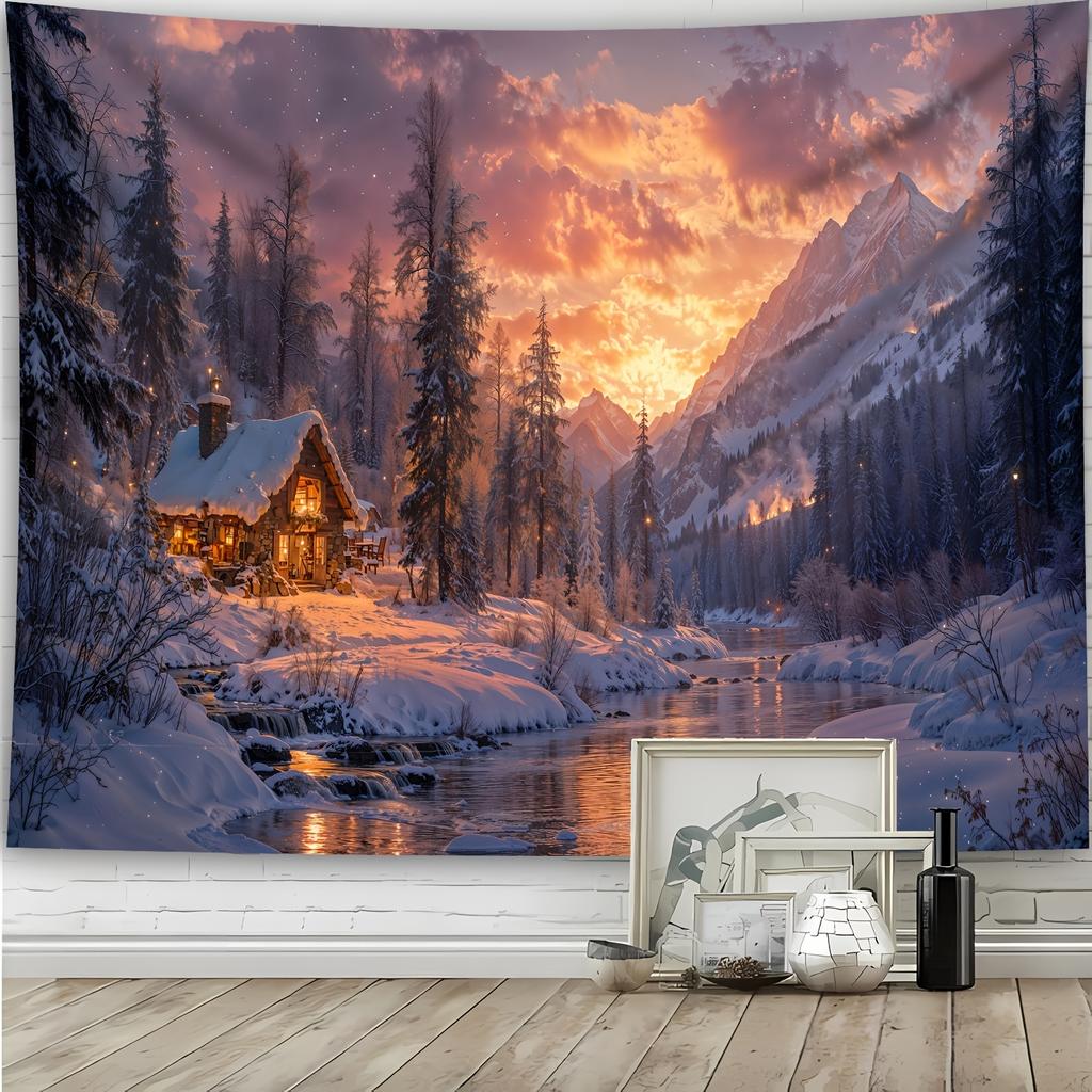 Enchanting Winter Wonderland Wall Tapestry For Living Room Decor, Featuring A Cozy Snow-Covered Cottage Nestled