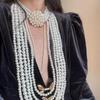 European and American diamond-set geometric multi-layer pearl necklace women's exaggerated sweater chain necklace