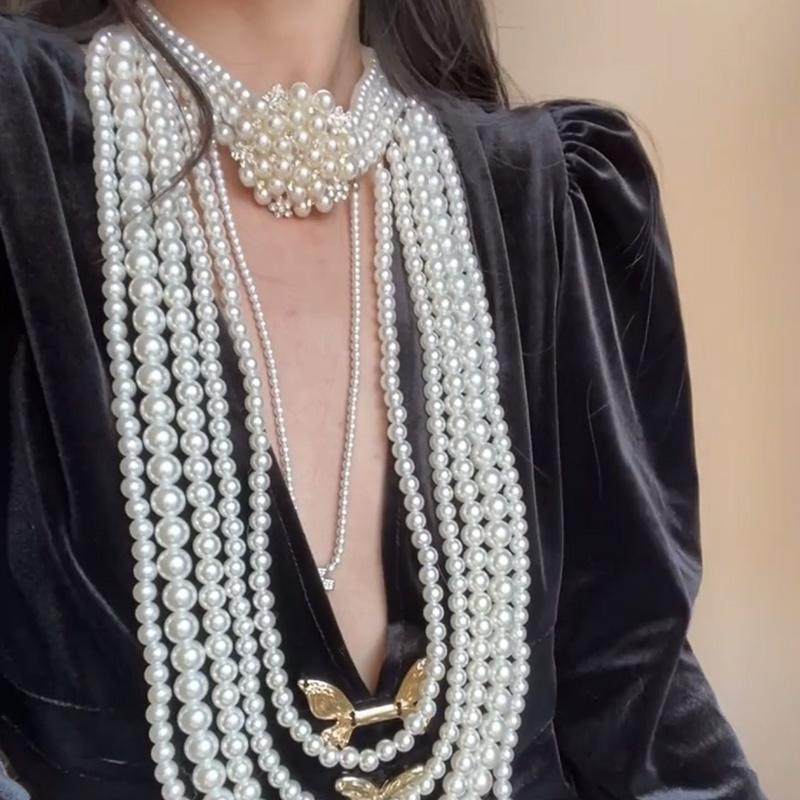 European and American diamond-set geometric multi-layer pearl necklace women's exaggerated sweater chain necklace