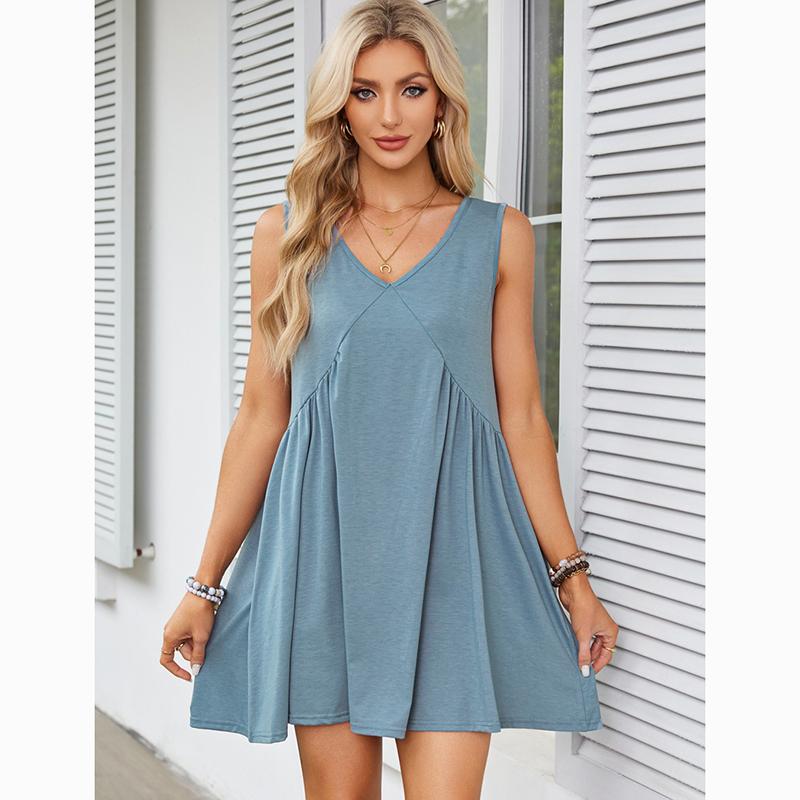 Fashion V-neck Sleeveless Summer Dress Women Loose Pleated Casual Party Short Dress Office Lady Solid Vintage Elegant Sexy Dresses 1043