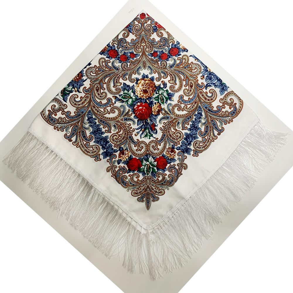 90*90cm Women Russian National Square Scarf Luxury Floral Print Russian Shawls Scarves Female Retro Fringed Foulard Wraps