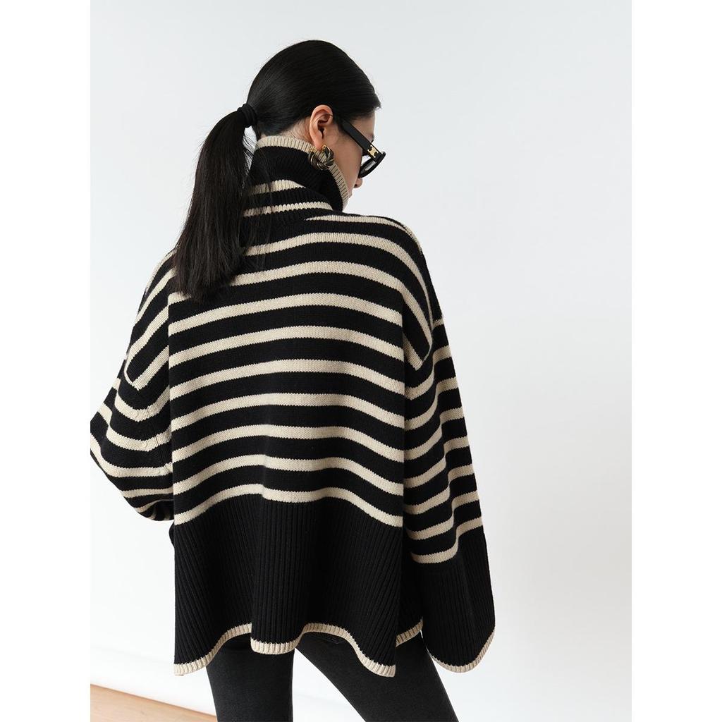 2023 Women's Striped High Neck Loose Knit Sweater with Side Slits