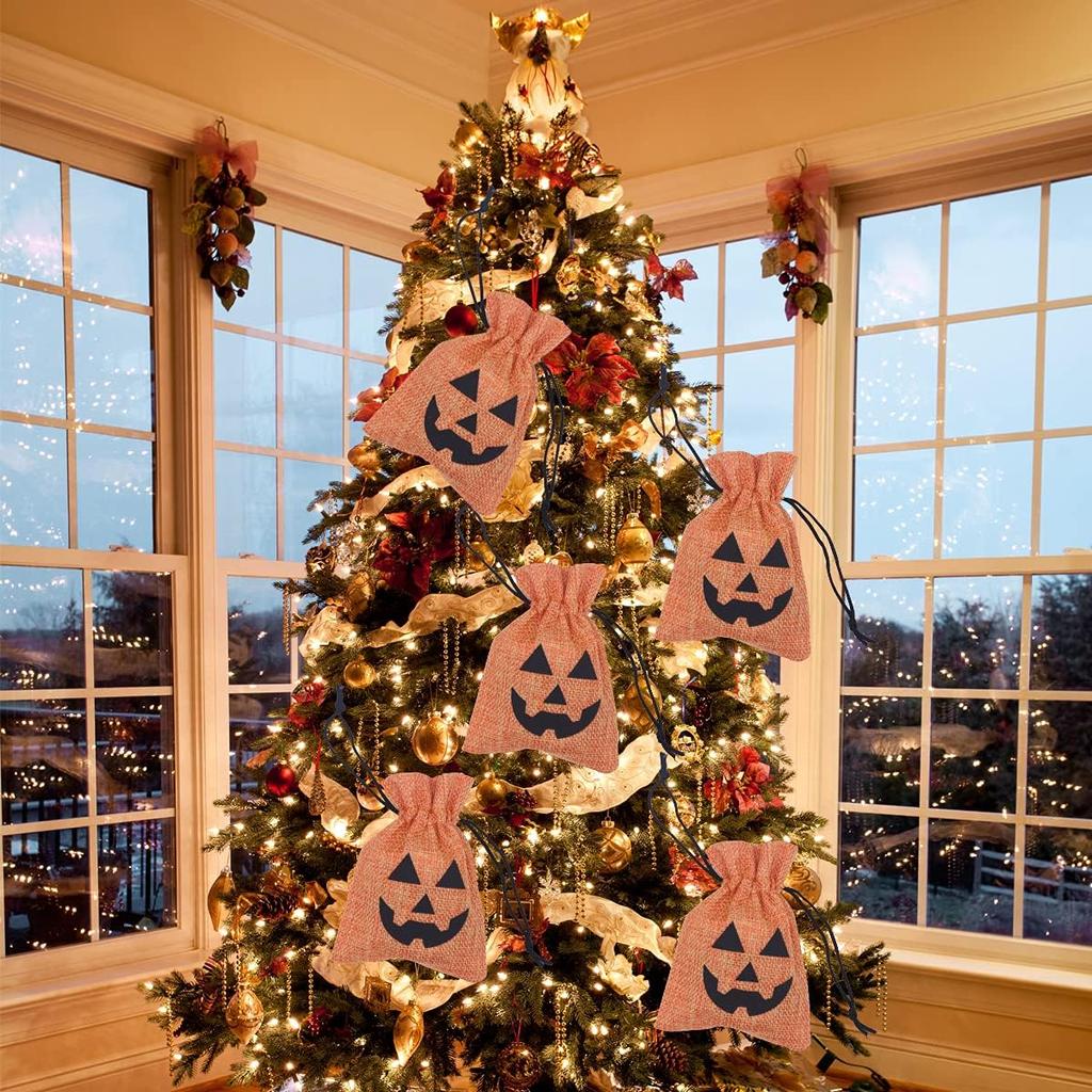 Ewanda Store 50 Pcs Halloween Burlap Bags,3.9"x5.5" Burlap Candy Bags Goodie Treat Bags with Drawstrings for Kids Halloween Party Supplies