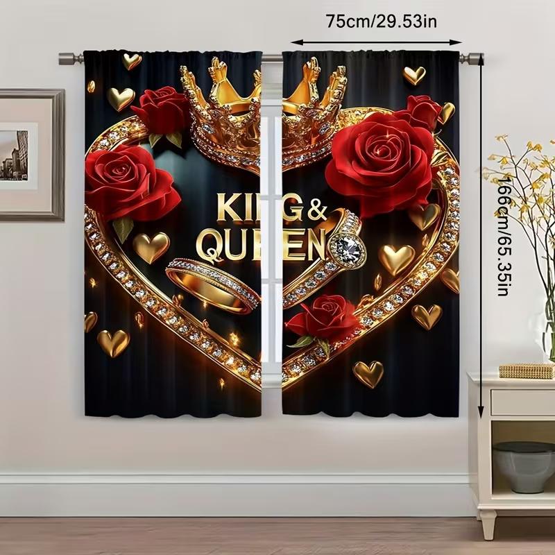 Set Of 2 Diamond Heart Crown Print Curtains Suitable Bedroom Living Room Kitchen Decoration Home Window Curtain Polyester Ideal For Area