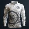 Stylish Long Sleeve Polo Shirt with Compass Graphic, Casual Top