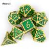 7 Stück grüne goldene Fischschuppen-Metallwürfel aus massivem Metall, polyedrisches Würfelset, geeignet für Rollenspiele, RPG-Brettspiele, Kartenspiele