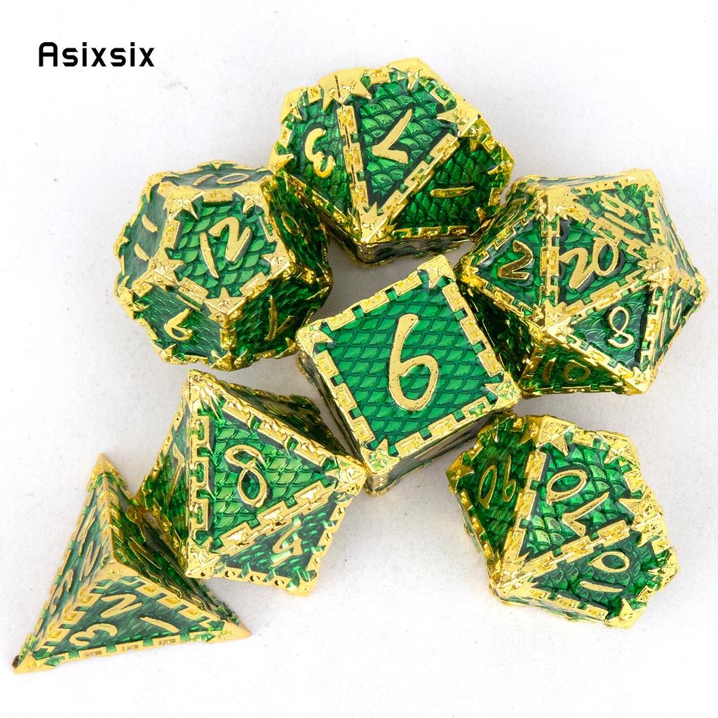 7 Stück grüne goldene Fischschuppen-Metallwürfel aus massivem Metall, polyedrisches Würfelset, geeignet für Rollenspiele, RPG-Brettspiele, Kartenspiele