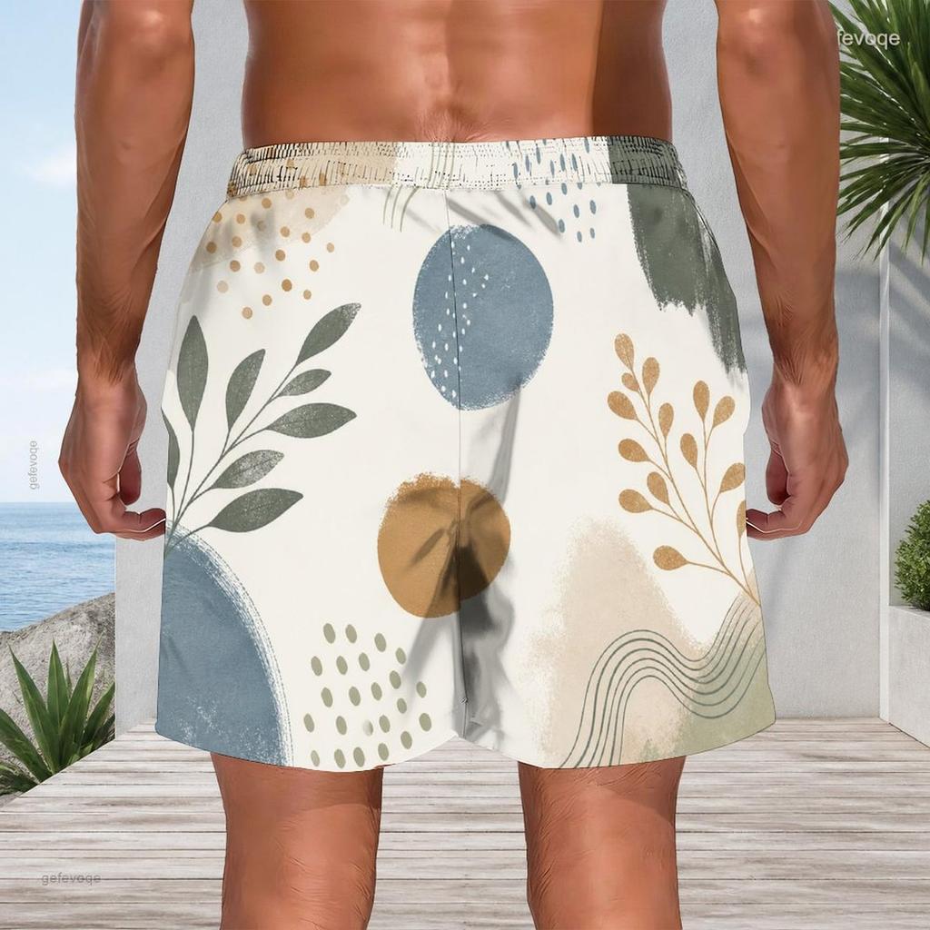 Men Plus Size Abstract Boho Plant Geometric Print Beach Shorts Quick Dry Lightweight Drawstring Casual Swim Trunks For Summer Beach Surfing Holiday