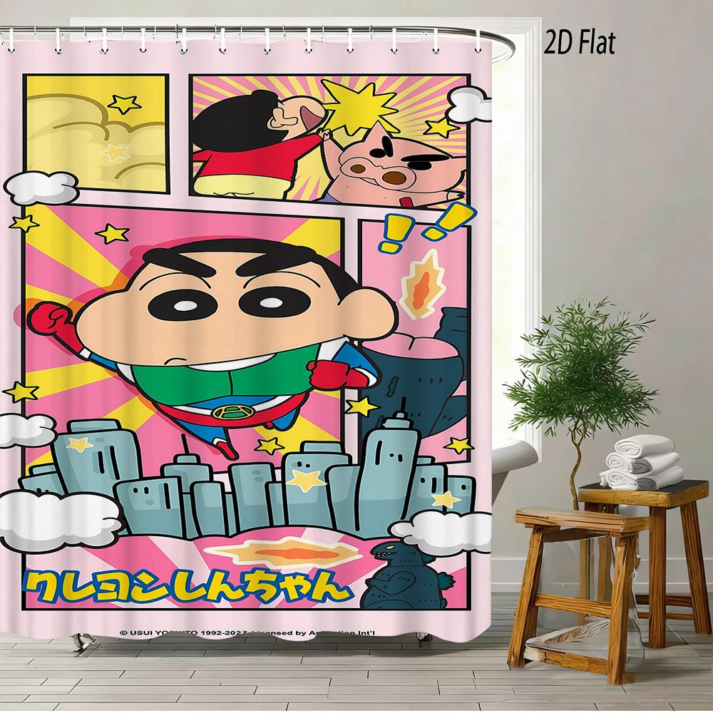 Crayon Shin-Chan & Shiro & Himawari Photo Collage Scene 2D Print Waterproof Shower Curtain, Warm Yellow Checkered With Star Acce