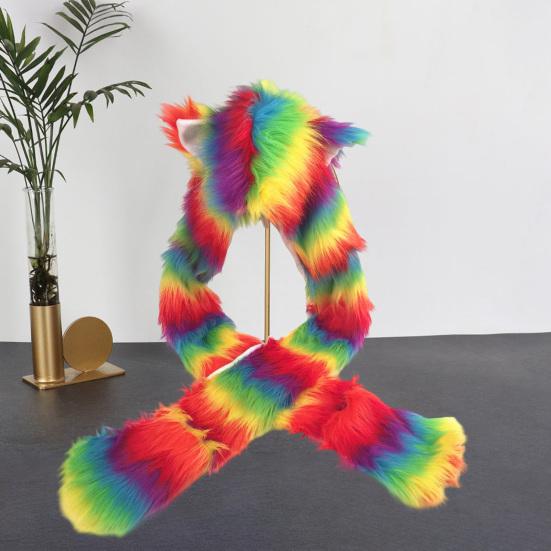 Women Hat Rainbow Color Imitation Fur 3 In 1 Hat Scarf Gloves Winter Warm