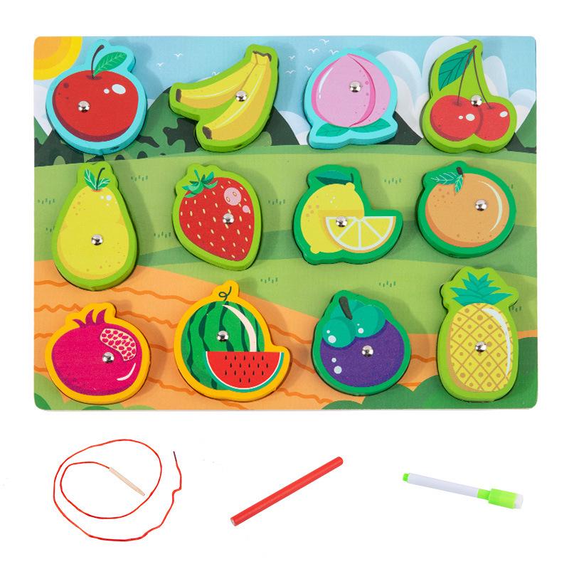 Children's Double-Sided Wooden Activity Board: Matching, Stringing, Drawing, Beading, and Fishing Educational Toy