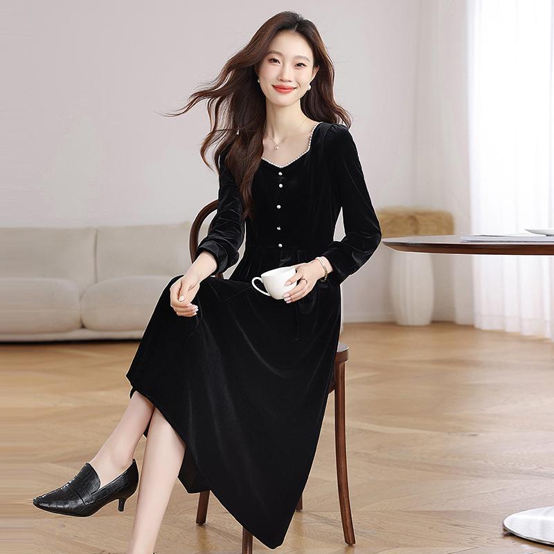 Hepburn Style Black Velvet Long Dress with Waist-Cinching Slimming Design for Fall/Winter M чёрный