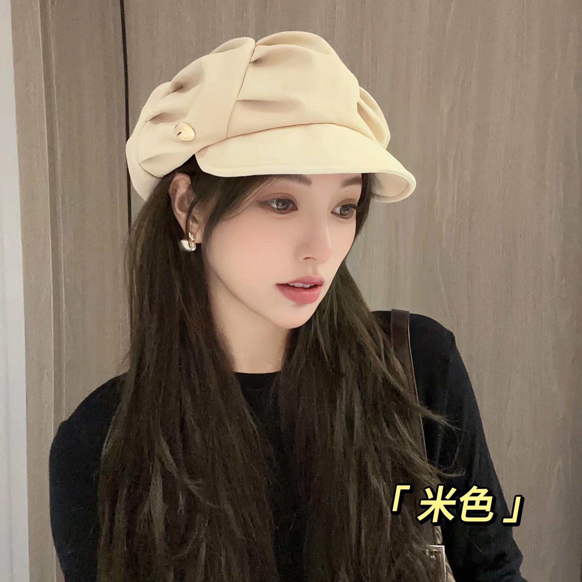 

Octagonal hat women s big head circumference shows a small face, simple and versatile casual pleated beret M（56-58cm） бежевий