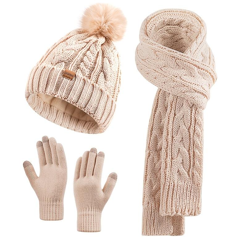 2025 Winter Beanie Hat Scarf Gloves Set for Women, Pom Pom Fleece Lined Hat Long Scarf Neck Warmer Touchscreen Gloves for Cold Weather