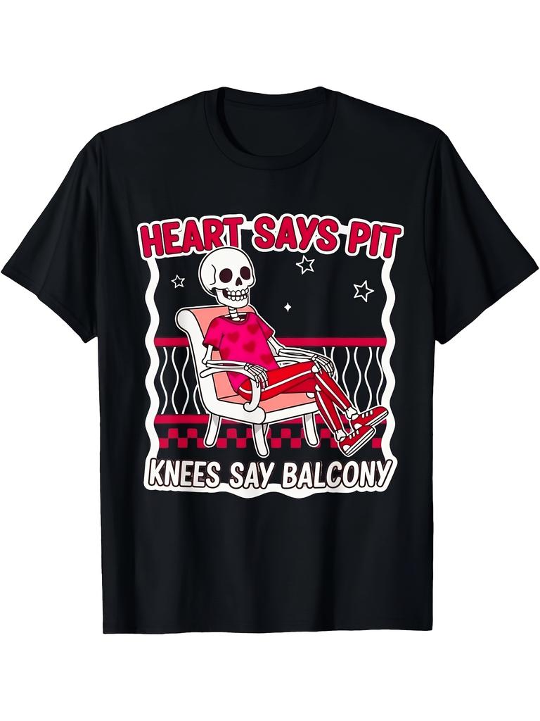 Unisex T-shirt Heart Says Pit Knees Say Sit Skeleton Funny T-Shirt Men'S Retro Tee, Comfortable for Sports And Casu