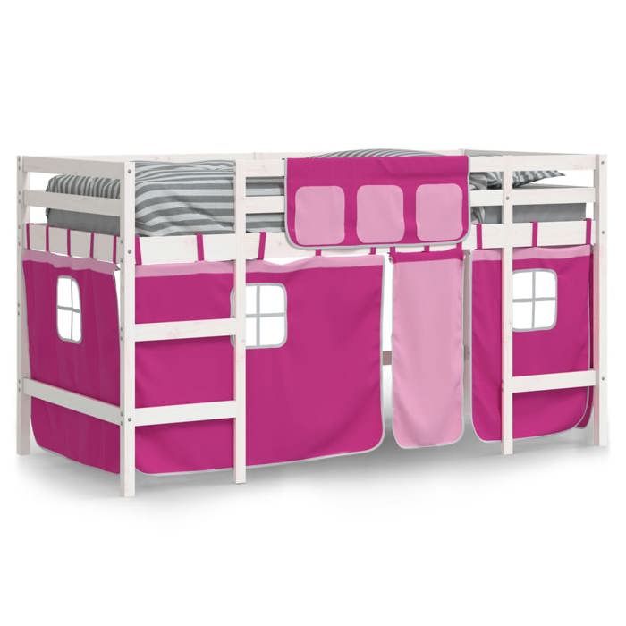 VidaXL Lit Mezzanine Enfants et Rideaux, Lit Surélevé pour Enfants avec Échelle, Meuble de Rangement Chambre, Moderne, Rose 3206969