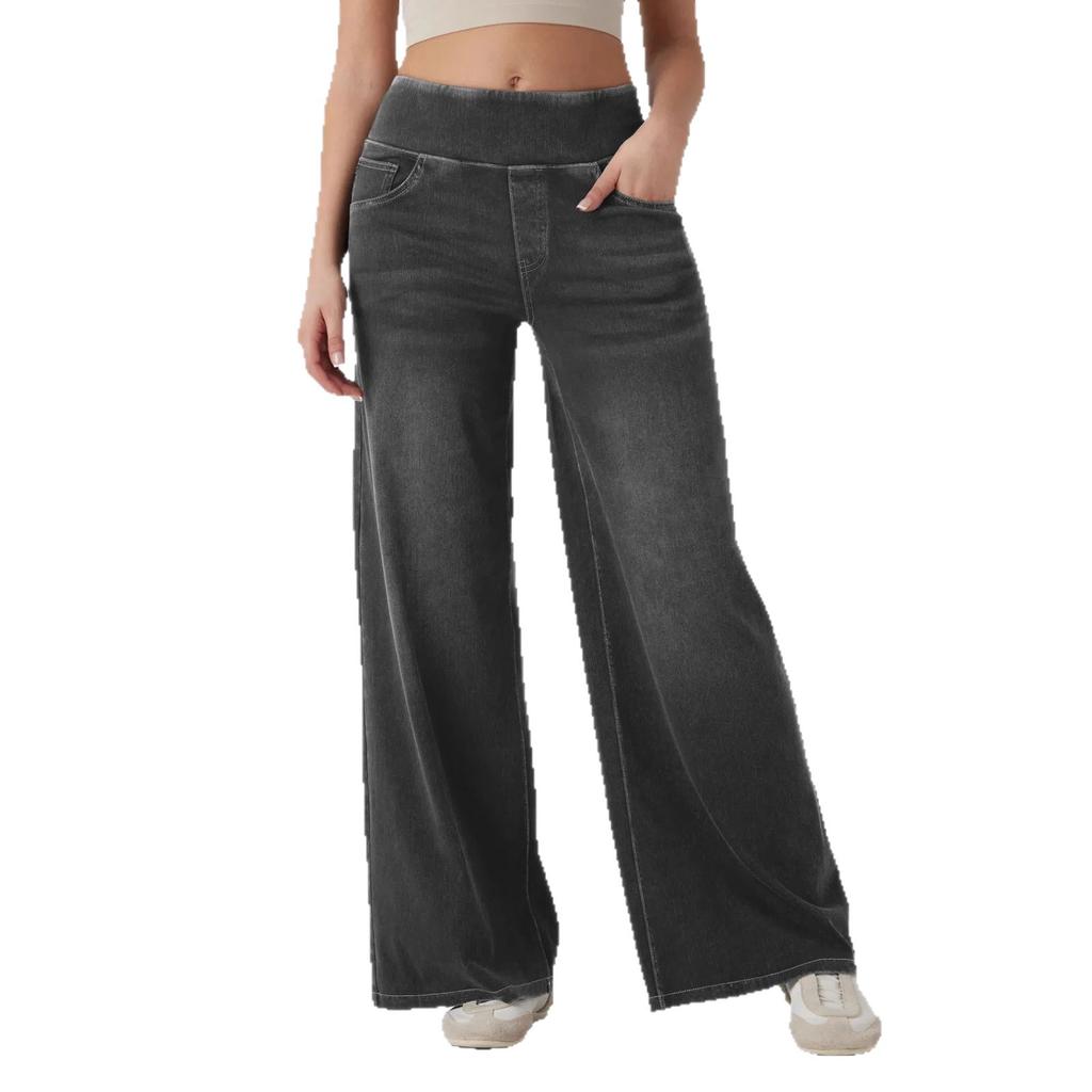 Nuovi Jeans Larghi Elasticizzati a Gamba Larga a Vita Alta Primavera ed Estate, Jeans da Donna e Pantaloni Lunghi a Gamba Larga Snellenti e Aderenti