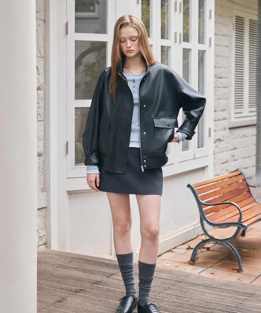 ROEM High-Neck Oversized Faux Leather Jacket Rmjkg49R11