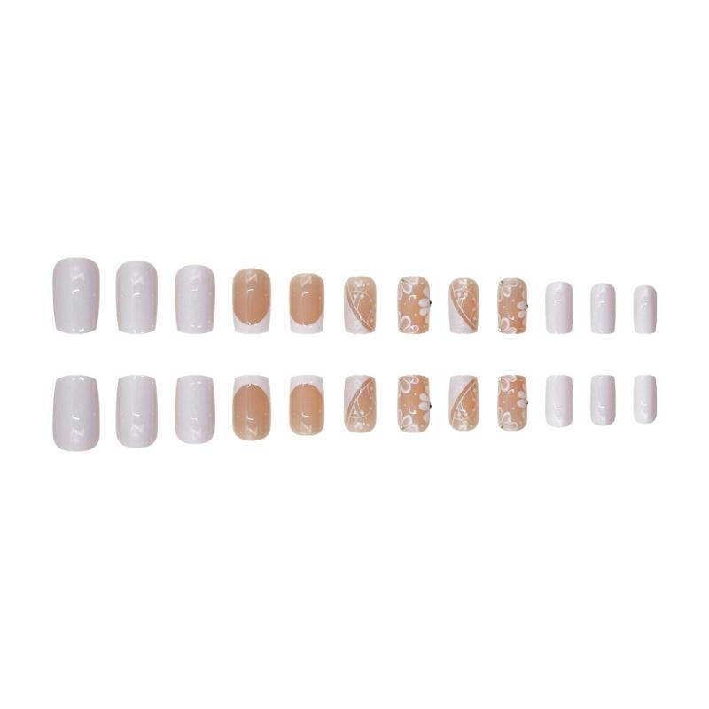 Square Press On Nail Flower Fake Nail Glues On Nail Artificial Acrylic Nail 24pcs Stick On Nail for Womens and Girls