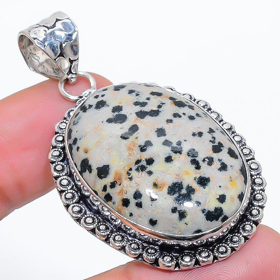 Dalmation Jasper Gemstone 925 Sterling Silver Jewelry Pendant 2.01" SU-10725