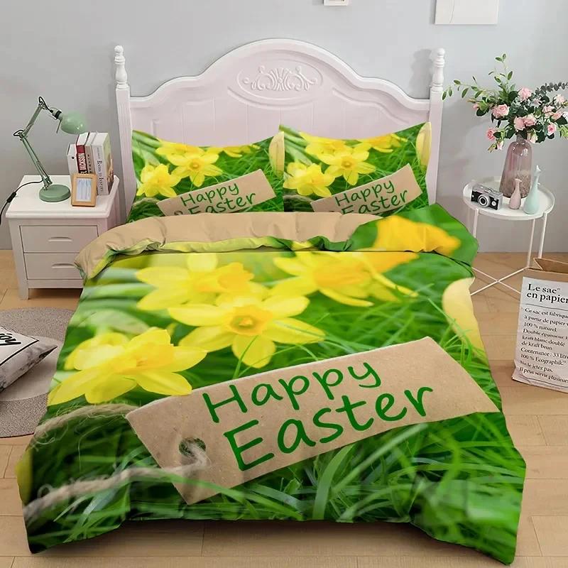 Happy Easter Egg Rabbit King Queen Duvet Cover Cartoon Lovely Bunny Bedding Set Pet Animal Comforter Cover Polyester Quilt Cover