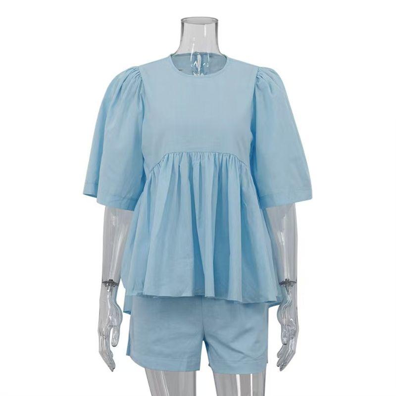 

European and American Fashion Puff Sleeves Short Sleeve Tops Shorts Suit Loose Shirt and Shorts Set Blue M