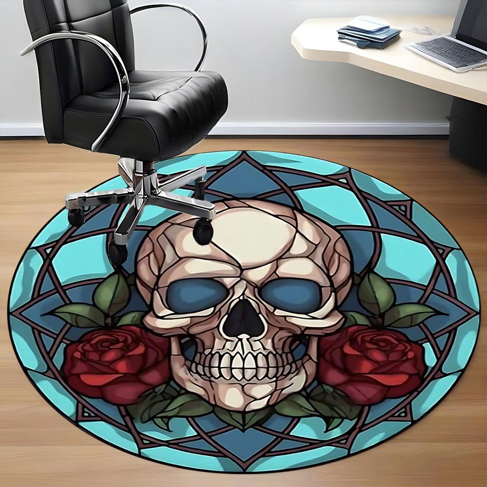 1pc Skull Gothic Rose Design Chair Carpet for Office, Round Non-Slip Durable Large Size Office Carpet, Suitable for Office, Beautiful Decoration