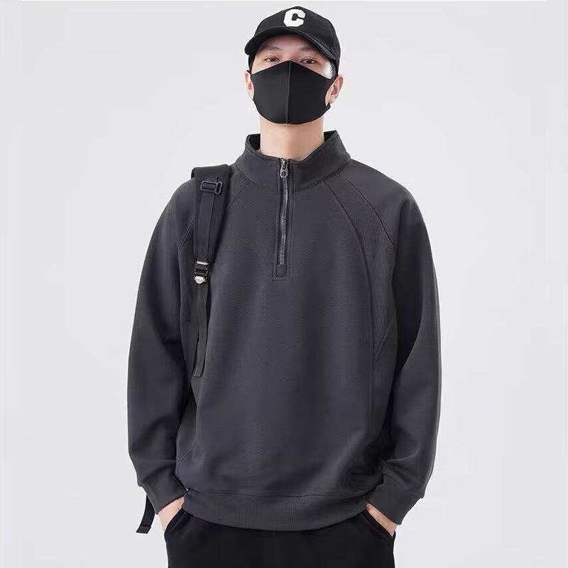 Men's Trendy American Retro Half-Zip Stand Collar Hoodie - Loose Fit, Casual Spring/Autumn Sportswear.