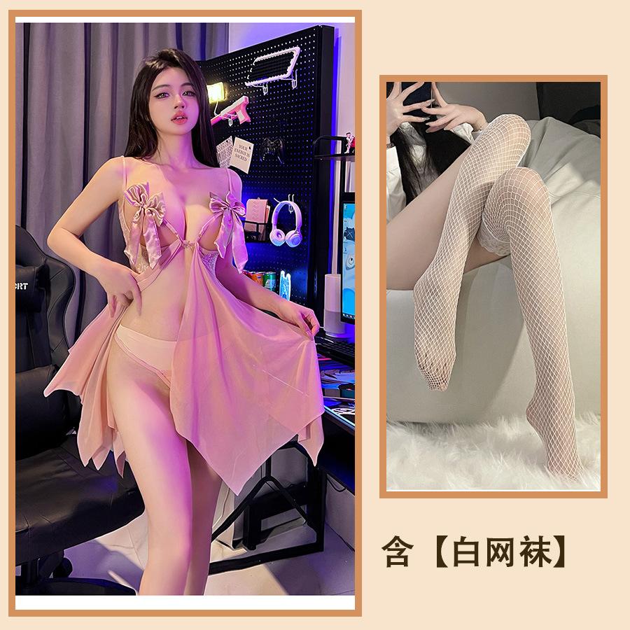 Sexy Underwear, Hot Suspenders, Sexy Hollowed-out Perspective Bow, Split-ended Backless, Passionate Mesh Nightdress Women
