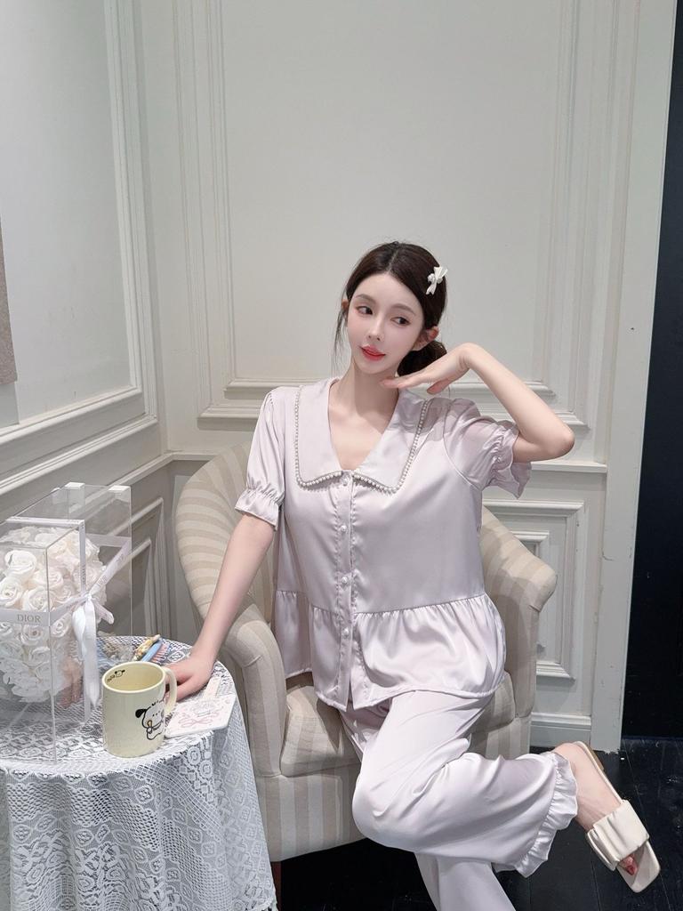Summer new ice silk pajamas women's lotus leaf edge Korean version doll collar sweet wind thin loungewear suit can be worn outside