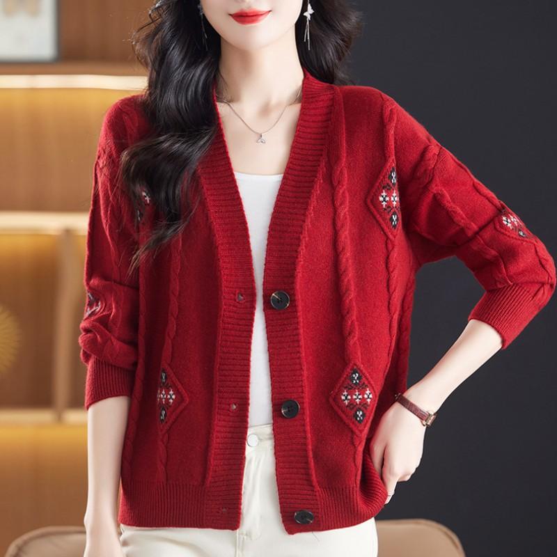 

Кардиган вязаный с воротником-стойкой для женщин, новый свитер-жакет на весну, осень и зиму, женская модная верхняя одежда на пуговицах One size красный