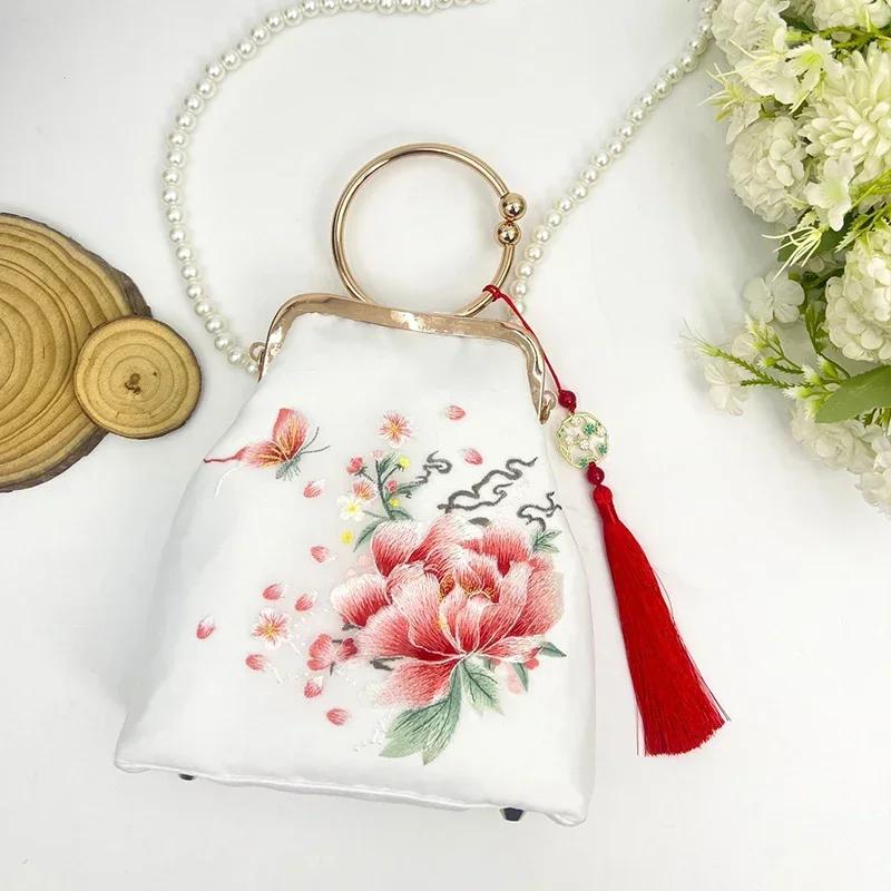 Chinese Style Embroidered Handbag Retro Pearl Crossbody Bag Hanfu Qipao National Shoulder Purse for Women Wedding Evening