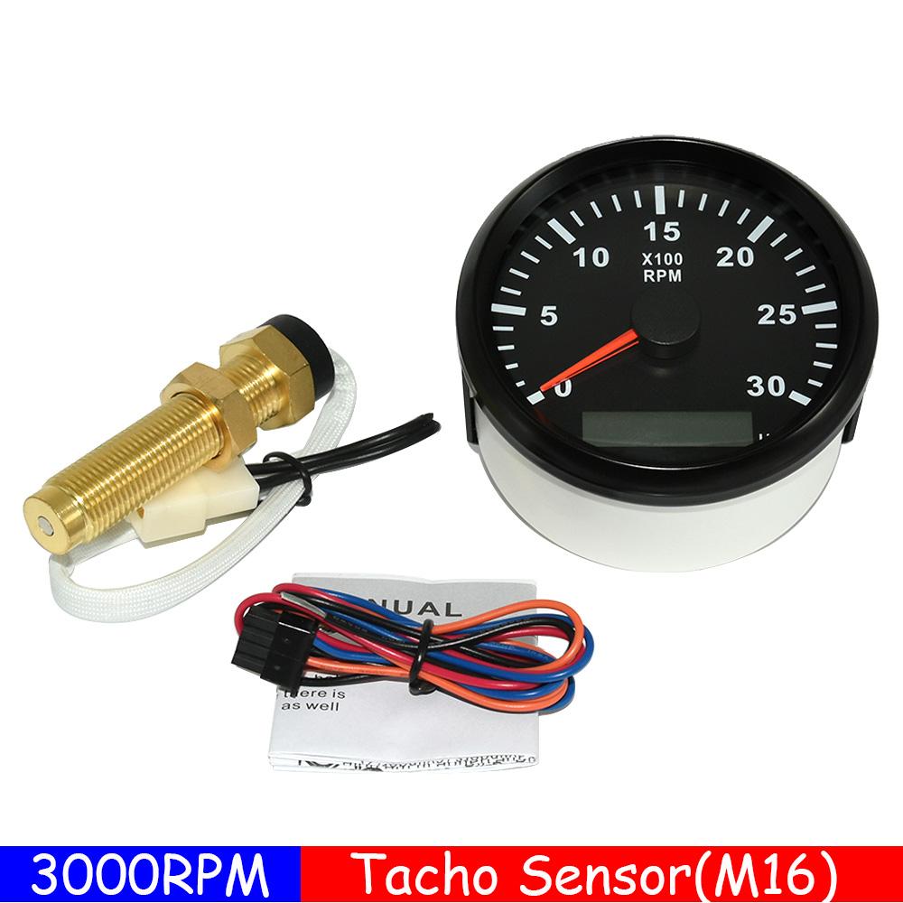 Auto Car Tachometer LCD Hourmeter Tacho Gauge 3000 6000 RPM Meter 85mm Tacho Sensor M16 M18 Universal Car Motor  RPM 12V/24V BB 3KRPM M16